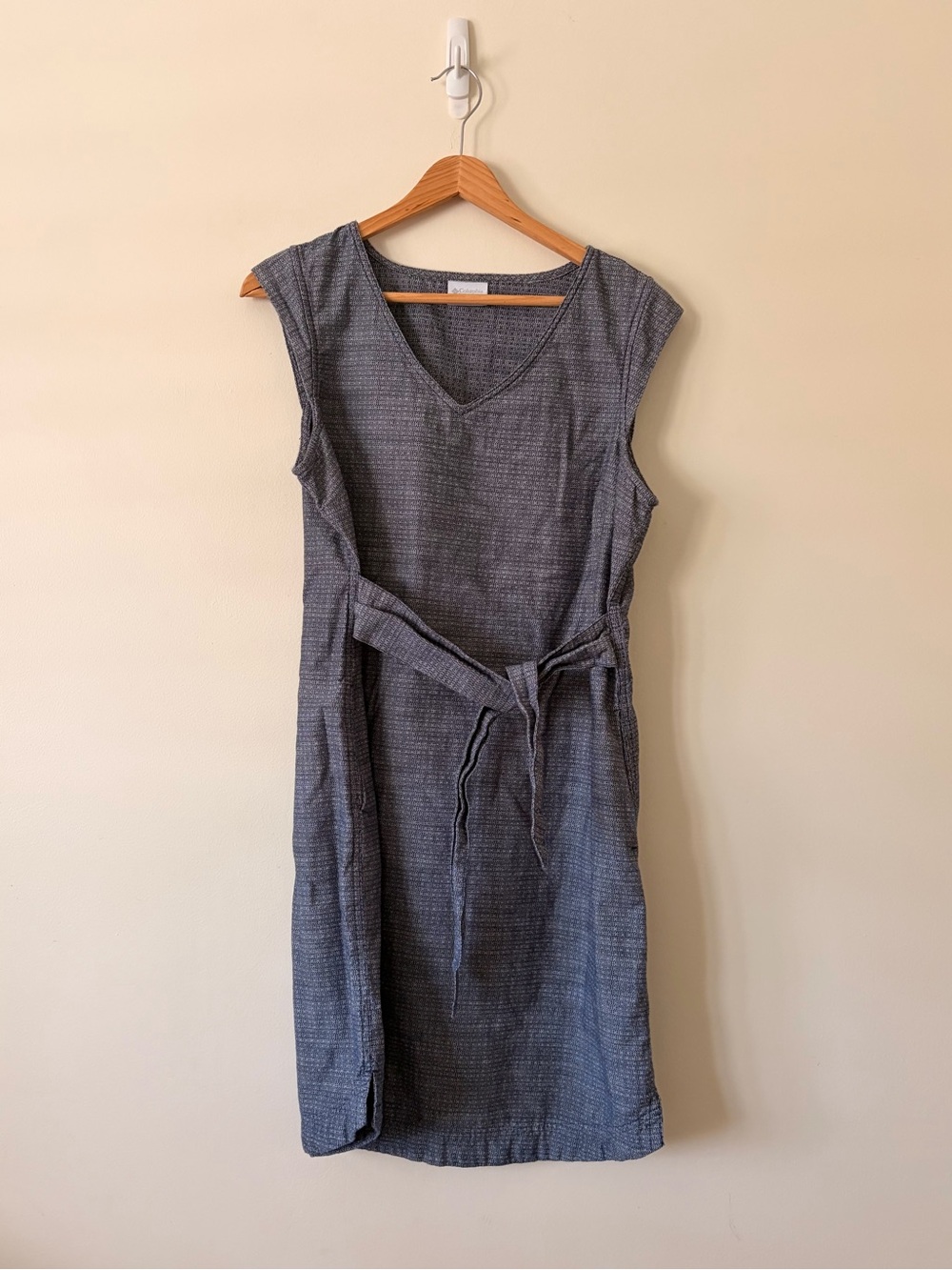 Columbia V-Neck Midi Dress with Self-Tie Waist in Charcoal Blue